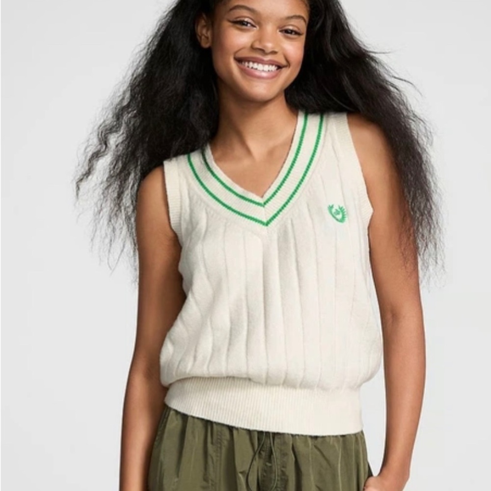Pink Victoria secret Ivory Knit V-Neck Tennis Sweater Vest with Green Trim